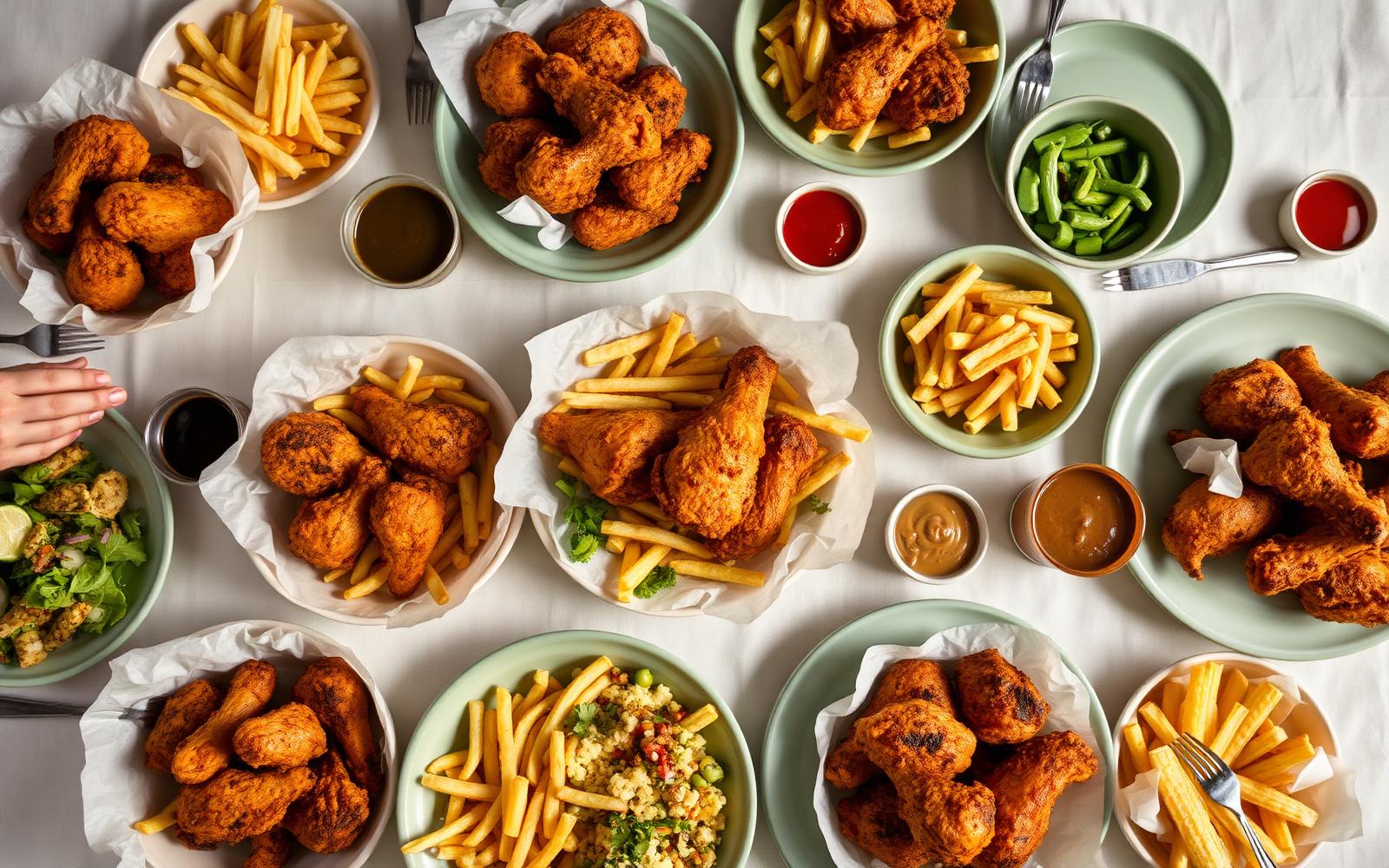 A large shared table spread of Kuku Kulture chicken, sides and sauces