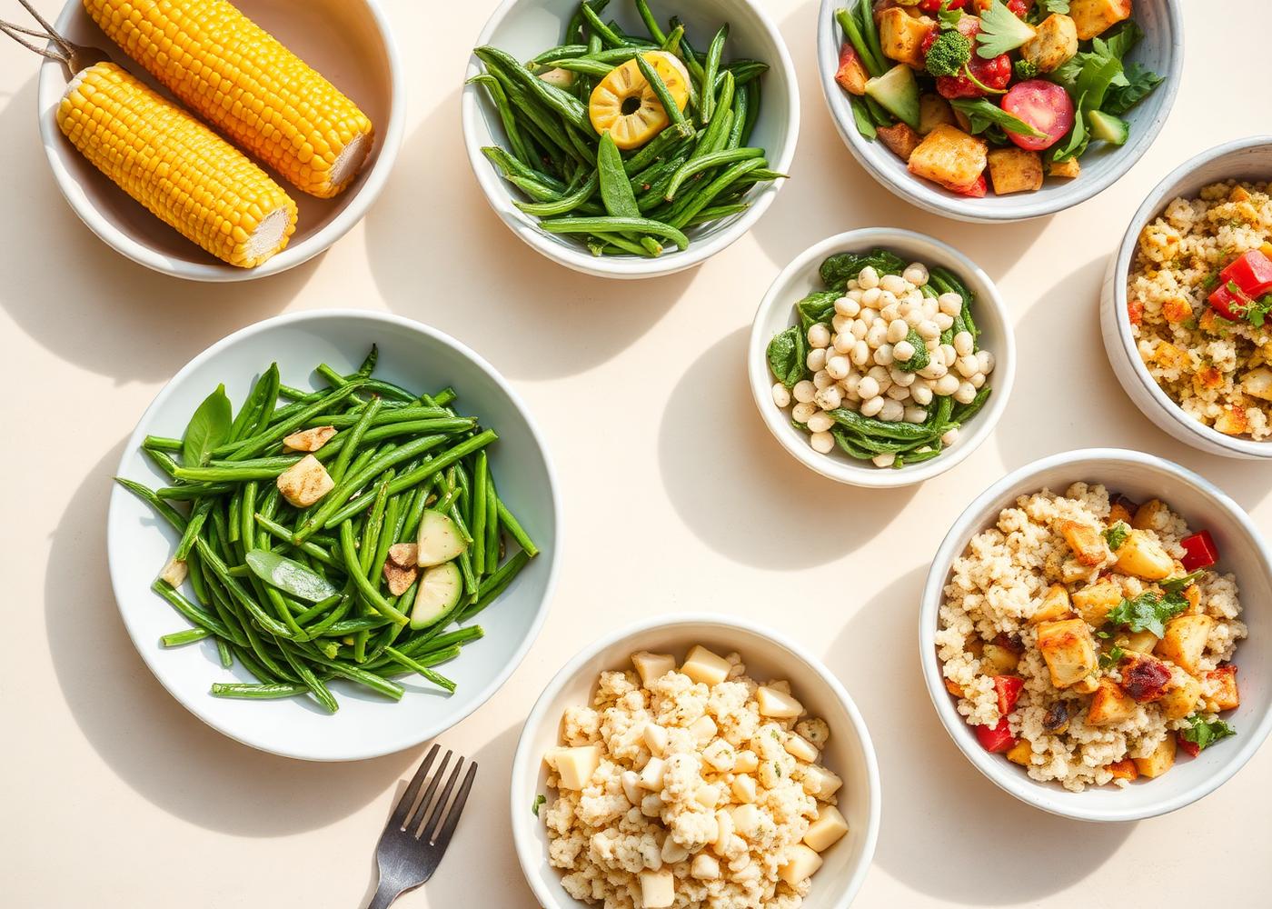 Fresh salads, green beans, corn and rice sides